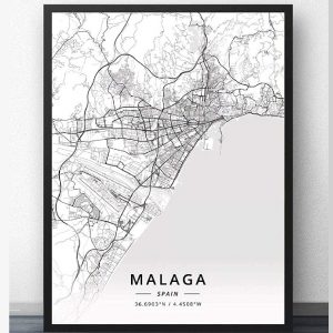 Cuadro Mapa de Málaga España, Cuadro De Pared En Blanco Y Negro